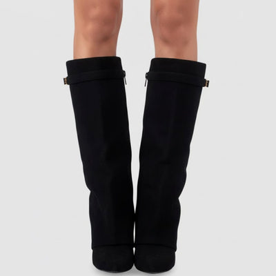 Nora | Damen Overknee Stiefel Mit Schnalle Spitzer Blockabsatz Wildleder