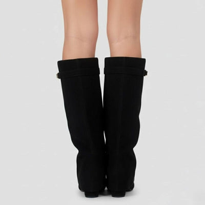 Nora | Damen Overknee Stiefel Mit Schnalle Spitzer Blockabsatz Wildleder