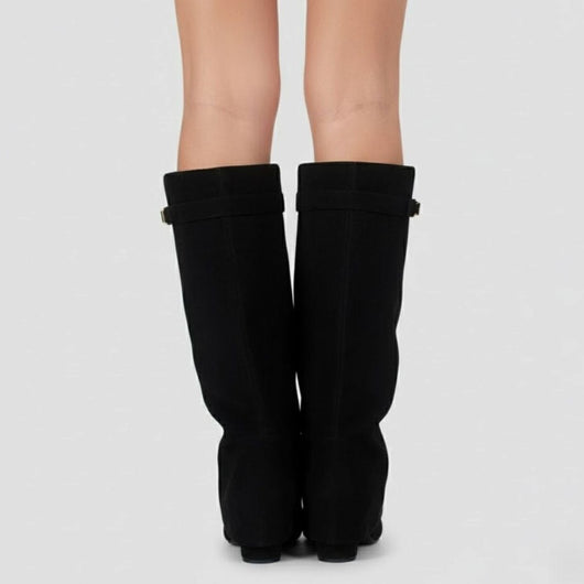 Nora | Damen Overknee Stiefel Mit Schnalle Spitzer Blockabsatz Wildleder