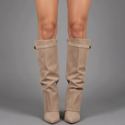 Nora | Damen Overknee Stiefel Mit Schnalle Spitzer Blockabsatz Wildleder
