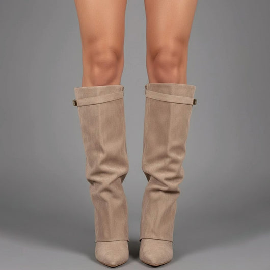 Nora | Damen Overknee Stiefel Mit Schnalle Spitzer Blockabsatz Wildleder