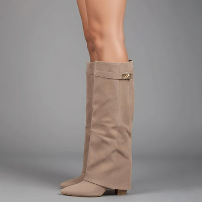Nora | Damen Overknee Stiefel Mit Schnalle Spitzer Blockabsatz Wildleder