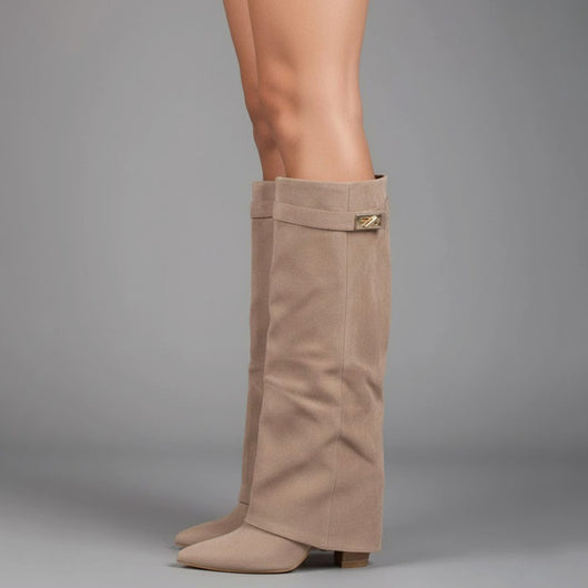 Nora | Damen Overknee Stiefel Mit Schnalle Spitzer Blockabsatz Wildleder