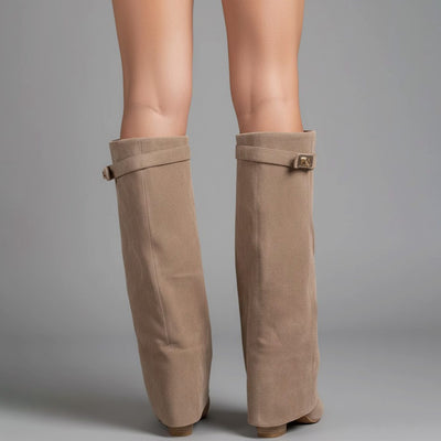 Nora | Damen Overknee Stiefel Mit Schnalle Spitzer Blockabsatz Wildleder