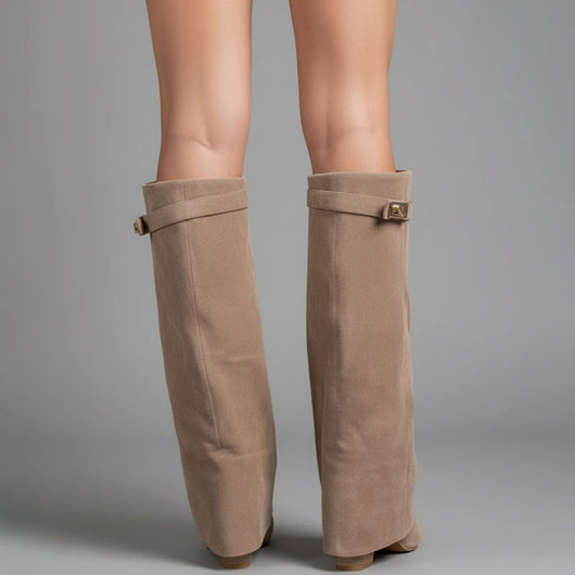 Nora | Damen Overknee Stiefel Mit Schnalle Spitzer Blockabsatz Wildleder