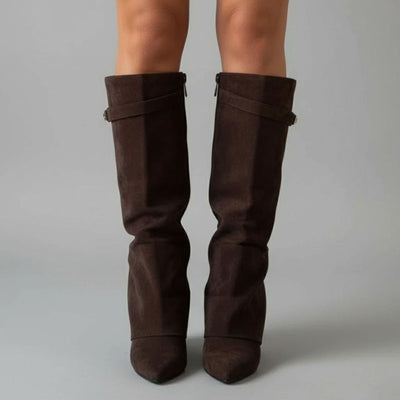 Nora | Damen Overknee Stiefel Mit Schnalle Spitzer Blockabsatz Wildleder