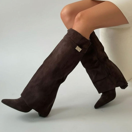 Nora | Damen Overknee Stiefel Mit Schnalle Spitzer Blockabsatz Wildleder