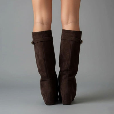 Nora | Damen Overknee Stiefel Mit Schnalle Spitzer Blockabsatz Wildleder