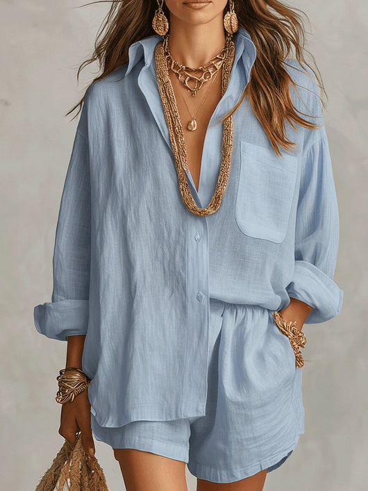 Emilia | Damen Oversize Leinen Hemdbluse Shorts Set Zweiteiliges Outfit