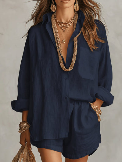 Emilia | Damen Oversize Leinen Hemdbluse Shorts Set Zweiteiliges Outfit