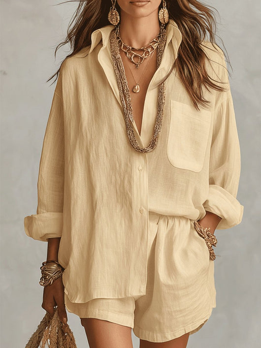 Emilia | Damen Oversize Leinen Hemdbluse Shorts Set Zweiteiliges Outfit