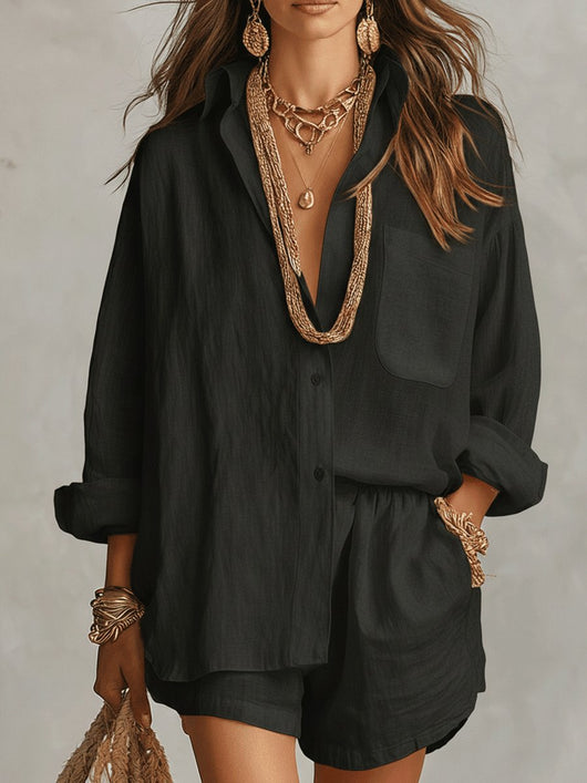 Emilia | Damen Oversize Leinen Hemdbluse Shorts Set Zweiteiliges Outfit