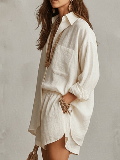 Emilia | Damen Oversize Leinen Hemdbluse Shorts Set Zweiteiliges Outfit