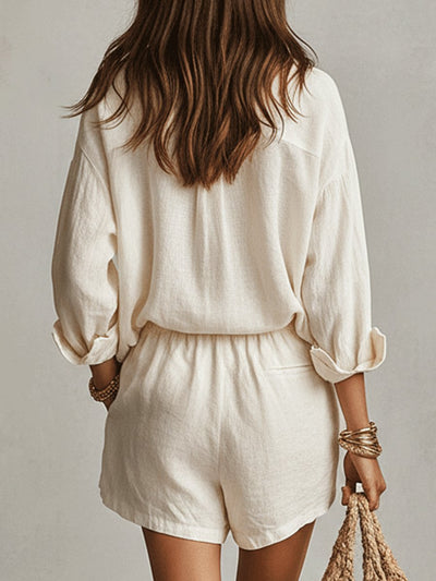 Emilia | Damen Oversize Leinen Hemdbluse Shorts Set Zweiteiliges Outfit
