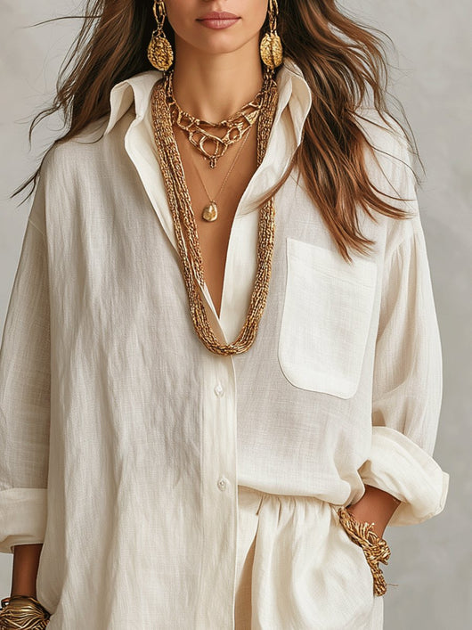 Emilia | Damen Oversize Leinen Hemdbluse Shorts Set Zweiteiliges Outfit