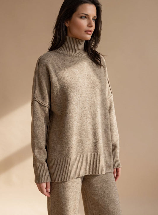 Sophie | Damen Oversize Rollkragen Strick Lounge Set Weitbein