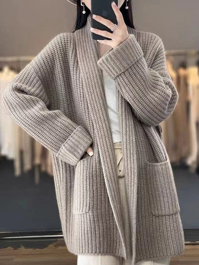 Elisabeth | Damen Oversize Strick-Cardigan mit V-Ausschnitt und Taschen