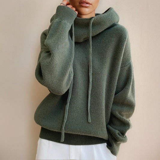 Elfriede | Damen Oversize Strick-Turtleneck Sweater mit Kapuze und Kordelzug