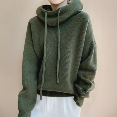 Elfriede | Damen Oversize Strick-Turtleneck Sweater mit Kapuze und Kordelzug