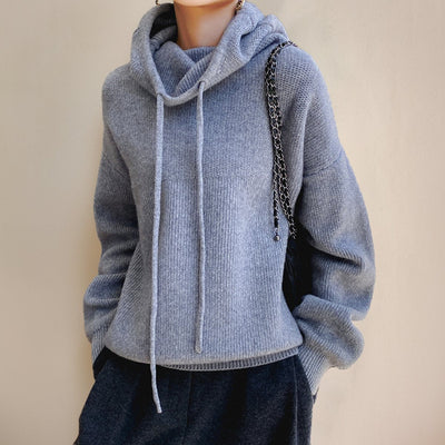 Elfriede | Damen Oversize Strick-Turtleneck Sweater mit Kapuze und Kordelzug