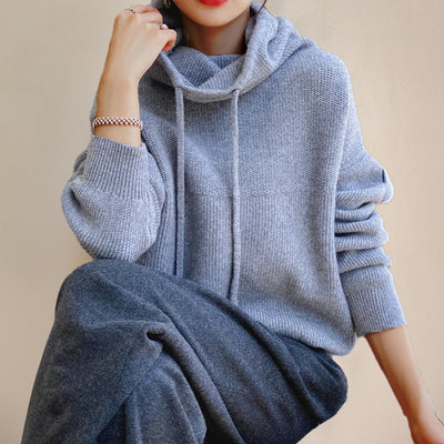 Elfriede | Damen Oversize Strick-Turtleneck Sweater mit Kapuze und Kordelzug