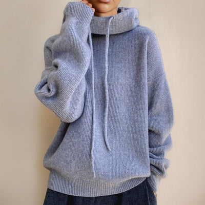 Elfriede | Damen Oversize Strick-Turtleneck Sweater mit Kapuze und Kordelzug