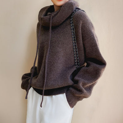 Elfriede | Damen Oversize Strick-Turtleneck Sweater mit Kapuze und Kordelzug