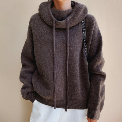 Elfriede | Damen Oversize Strick-Turtleneck Sweater mit Kapuze und Kordelzug