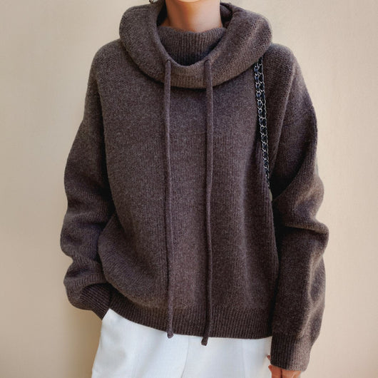 Elfriede | Damen Oversize Strick-Turtleneck Sweater mit Kapuze und Kordelzug