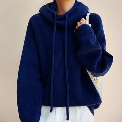 Elfriede | Damen Oversize Strick-Turtleneck Sweater mit Kapuze und Kordelzug