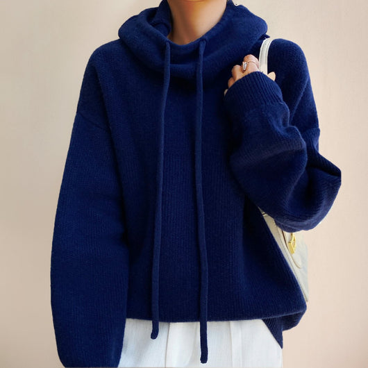 Elfriede | Damen Oversize Strick-Turtleneck Sweater mit Kapuze und Kordelzug