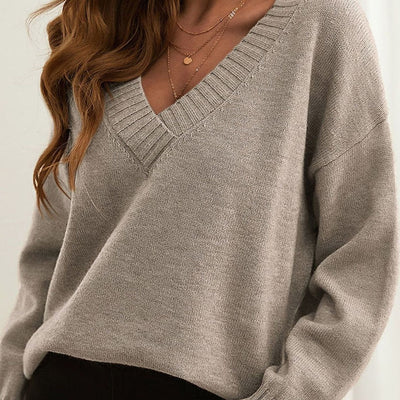 Frieda | Damen Oversize V-Ausschnitt Strickpullover Langarm