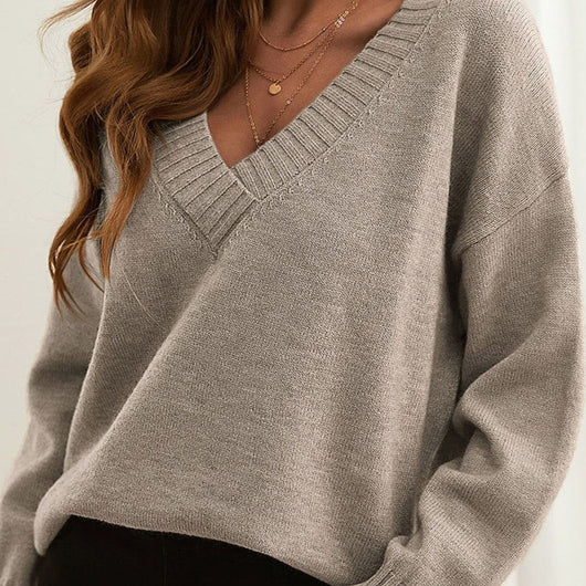 Frieda | Damen Oversize V-Ausschnitt Strickpullover Langarm