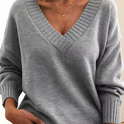 Frieda | Damen Oversize V-Ausschnitt Strickpullover Langarm