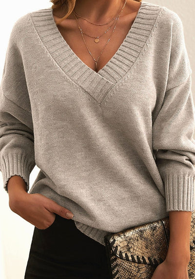 Frieda | Damen Oversize V-Ausschnitt Strickpullover Langarm