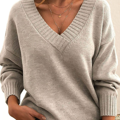 Frieda | Damen Oversize V-Ausschnitt Strickpullover Langarm