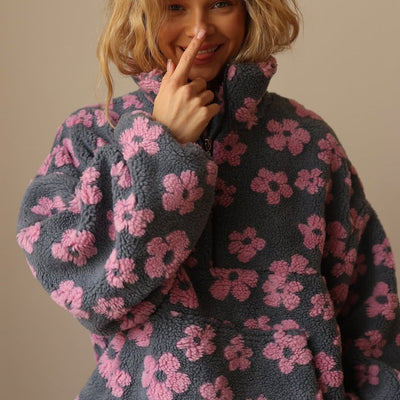 Emilia | Damen Oversized Floral Sherpa Fleece Pullover Sweater