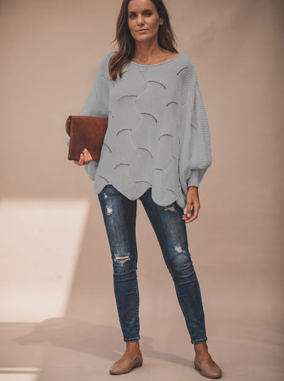 Frieda | Damen Oversized Hollow-Out Strickpullover mit Rundhalsausschnitt