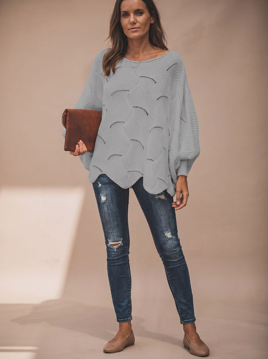 Frieda | Damen Oversized Hollow-Out Strickpullover mit Rundhalsausschnitt