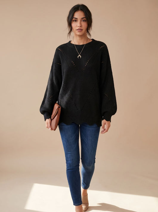 Frieda | Damen Oversized Hollow-Out Strickpullover mit Rundhalsausschnitt