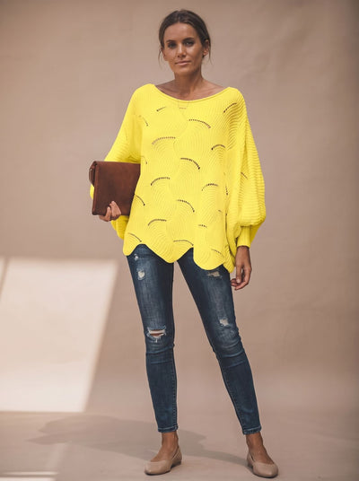 Frieda | Damen Oversized Hollow-Out Strickpullover mit Rundhalsausschnitt