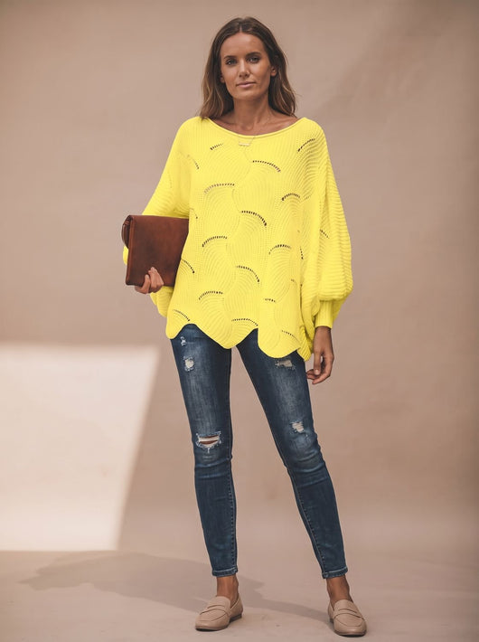 Frieda | Damen Oversized Hollow-Out Strickpullover mit Rundhalsausschnitt