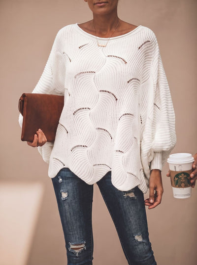 Frieda | Damen Oversized Hollow-Out Strickpullover mit Rundhalsausschnitt