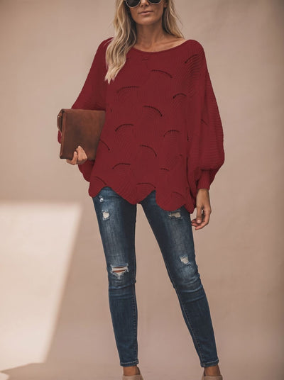Frieda | Damen Oversized Hollow-Out Strickpullover mit Rundhalsausschnitt