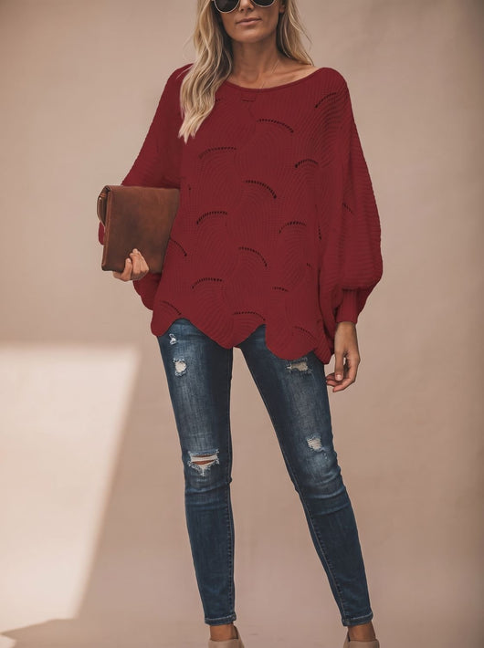 Frieda | Damen Oversized Hollow-Out Strickpullover mit Rundhalsausschnitt