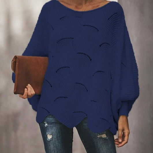 Frieda | Damen Oversized Hollow-Out Strickpullover mit Rundhalsausschnitt
