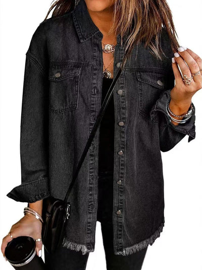 Charlotte | Damen Oversized Jeansjacke Langarm mit Knopfleiste und Fransen