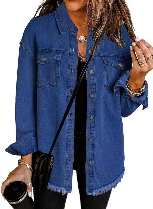 Charlotte | Damen Oversized Jeansjacke Langarm mit Knopfleiste und Fransen