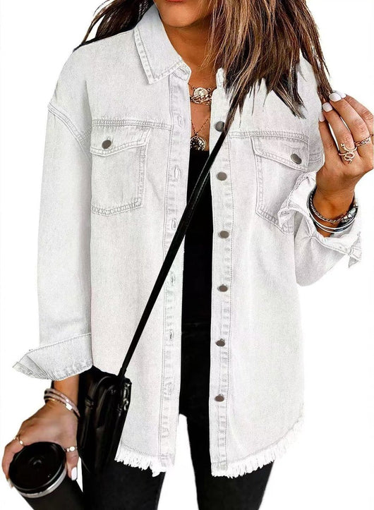 Charlotte | Damen Oversized Jeansjacke Langarm mit Knopfleiste und Fransen