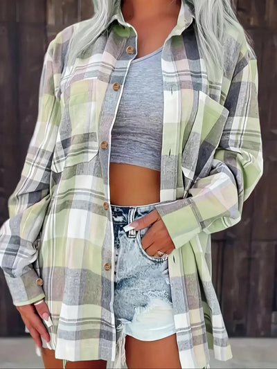 Mia | Damen Oversized Kariertes Flanell-Langarmhemd mit Knopfleiste